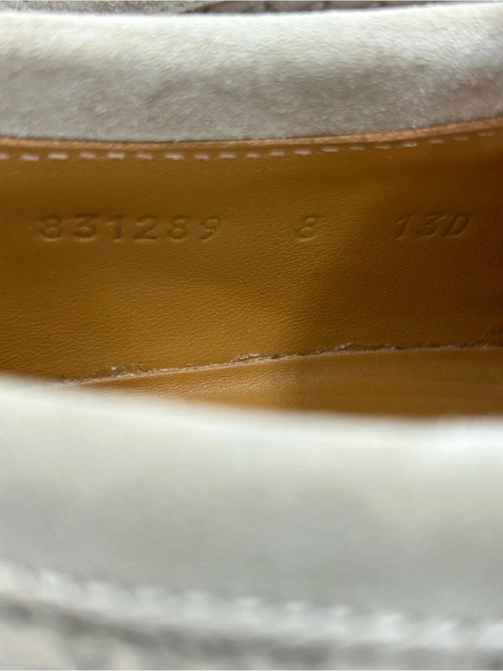Gucci Men's oatmeal Suede GG Logo Penny Loafers size 8 fits 9 US made in Italy